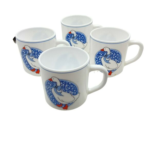 Goose Print Coffee Mug Vintage Arcopal France White Blue Ribbon Set Of Four - Picture 3 of 16